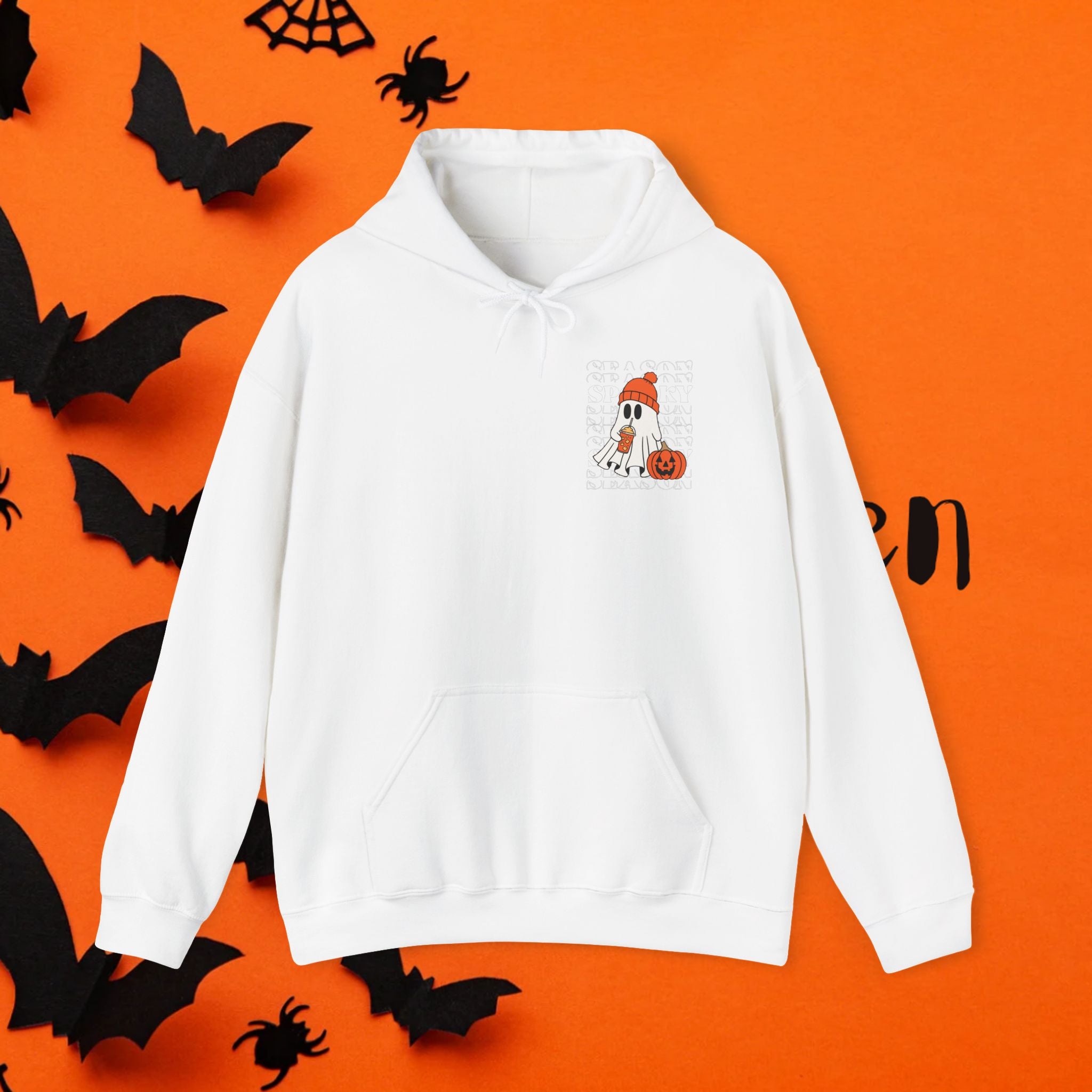 Cozy Ghost-Themed Hoodie for Halloween, Trendy Sweatshirt, Fall Fashion, Trick-or-Treat Wear, Unisex Halloween Apparel