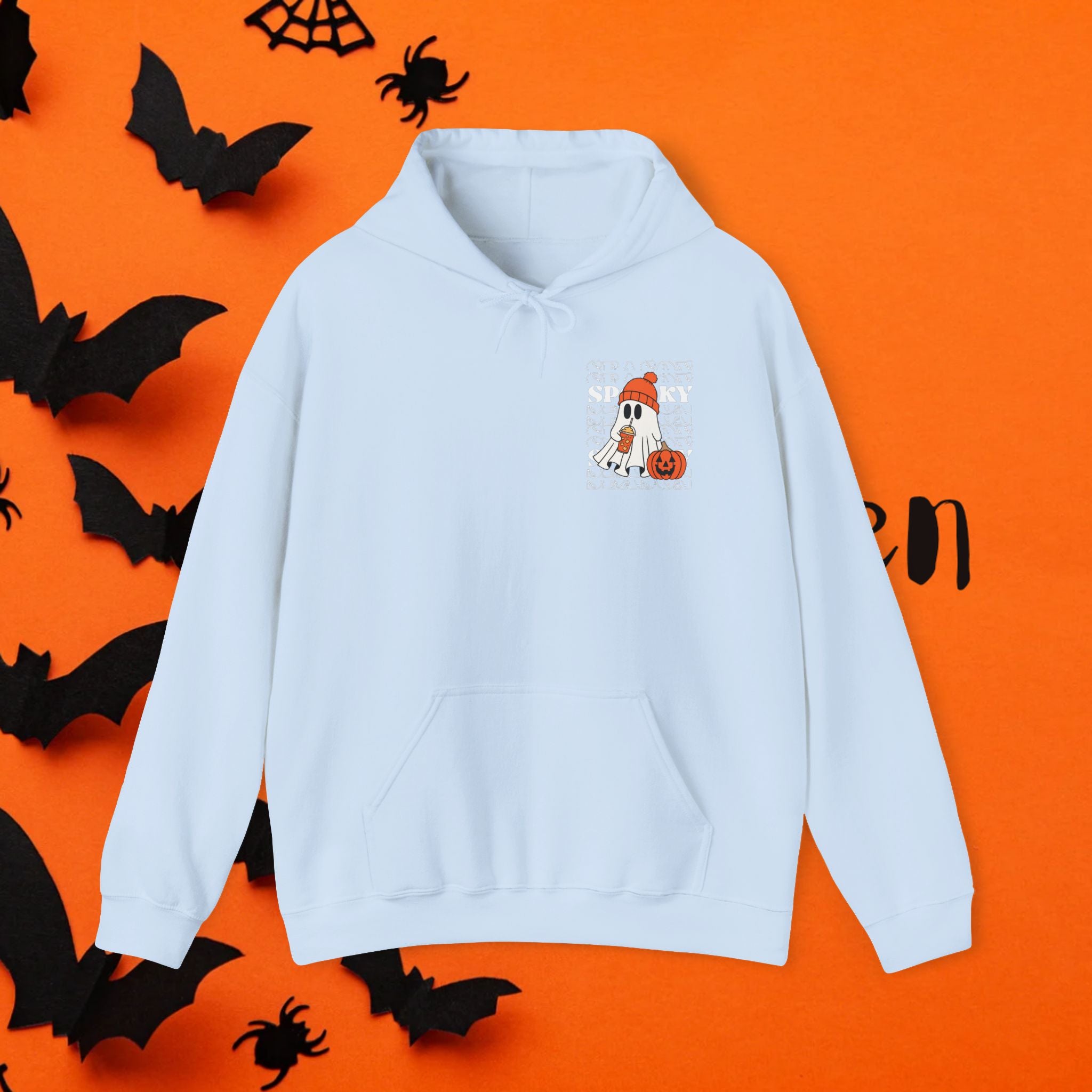 Cozy Ghost-Themed Hoodie for Halloween, Trendy Sweatshirt, Fall Fashion, Trick-or-Treat Wear, Unisex Halloween Apparel